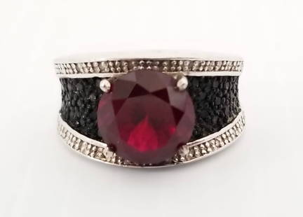 Amazing NJ 925 Sterling Ruby Black Diamond Ring: Beautiful NJ 925 sterling silver 10ct Ruby, 0.20ct black diamond ring, 6.7 grams, size 7.