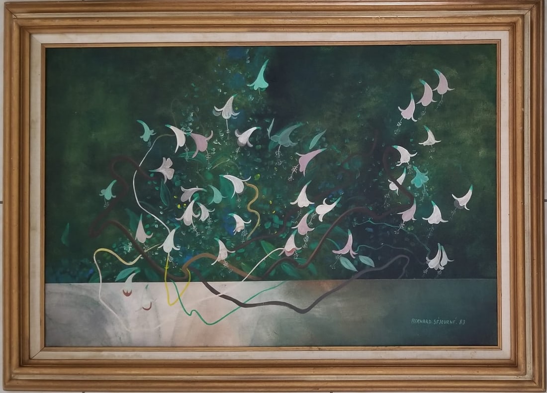 Amazing Bernard Sejourne 1983 Acrylic Board: Attributed to Bernard Sejourne, it does not have a COA. Medium: acrylic board, frame: 43 x 31 inches. Provenance: private owner. Biography: 1947 - 1994. Bernard Sejourne was born in Haiti where his fa