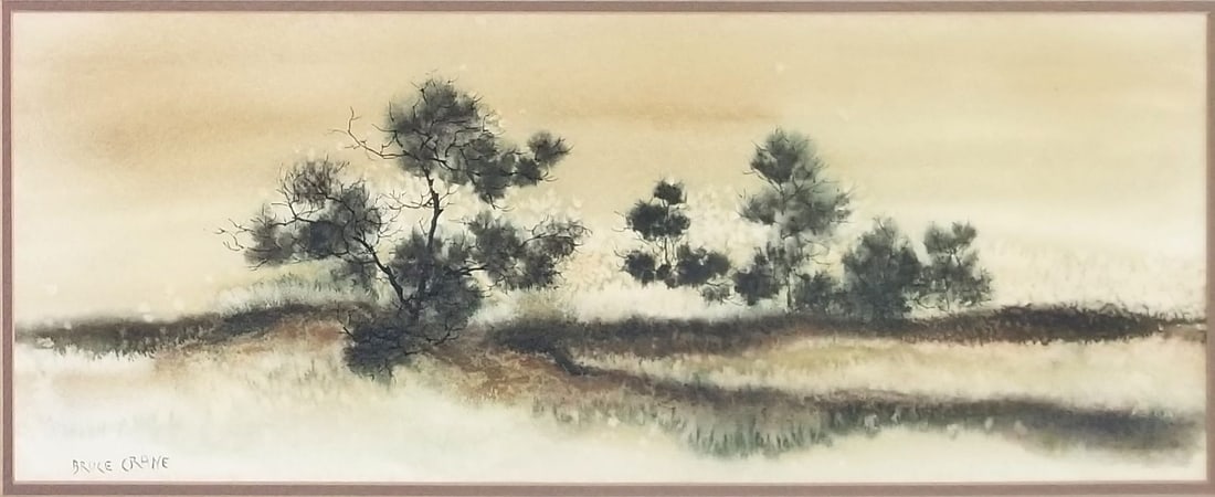Amazing Bruce Crane Watercolor Paper: Nice Bruce Crane watercolor paper. Frame: 31 x 16 inches. Provenance: private owner. Biography: 1857 - 1937. A popular landscape painter, especially of golden toned landscapes that conveyed fall and w