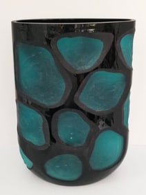 Amazing Murano Hand Cut Blue & Black Vase