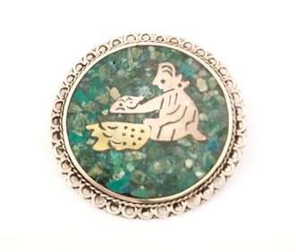 Amazing 925 Sterling Inlay Enamel Indian Pin Brooch Pendant