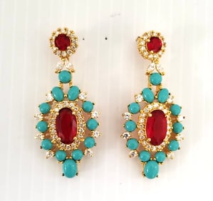 Amazing 925 Gold Tone Turquoise Earrings & Ring Set