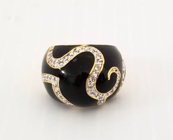 Amazing 925 Sterling Silver Gold Tone Onyx ZC Ring