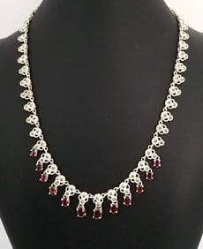 Amazing 925 Sterling Red Stone Cut Marcasite Necklace