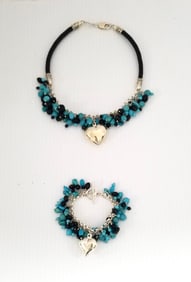 Amazing S.K 925 Sterling Turquoise & Leather Necklace & Bracelet Set