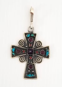 Amazing Taxco 925 Sterling Turquoise & Amethyst Cross Pendant
