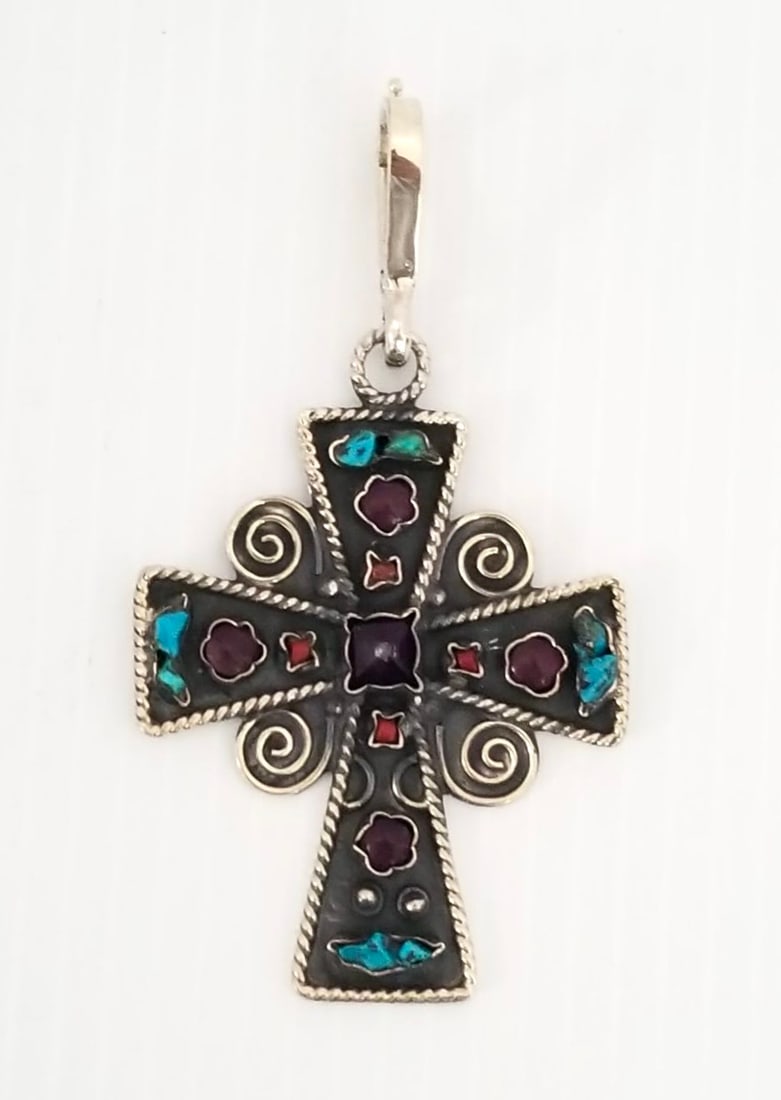 Amazing Taxco 925 Sterling Turquoise & Amethyst Cross Pendant (1 of 5)