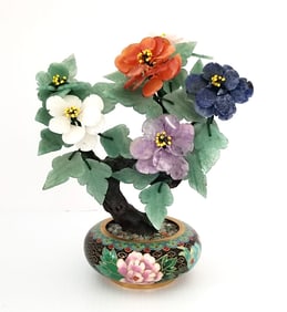 Amazing Chinese Cloisonne Multistone Flowers & Vase
