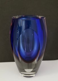 Amazing Murano Blue Red & Clear Vase Art Glass