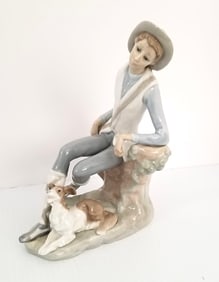 Amazing Lladro Boy With Dog Porcelain Figurine