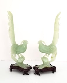 Amazing Carved Green Jade Bird Sculpture Pair