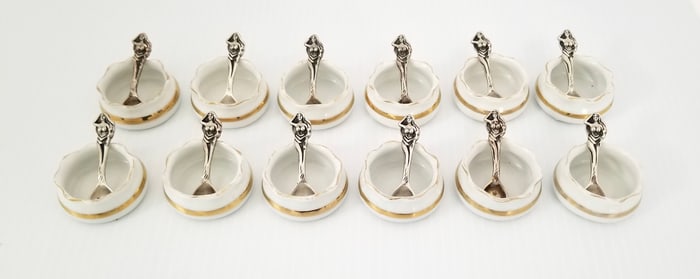 Amazing O & E.G. Royal Austria Porcelain Cellars & Sterling Silver Spoons