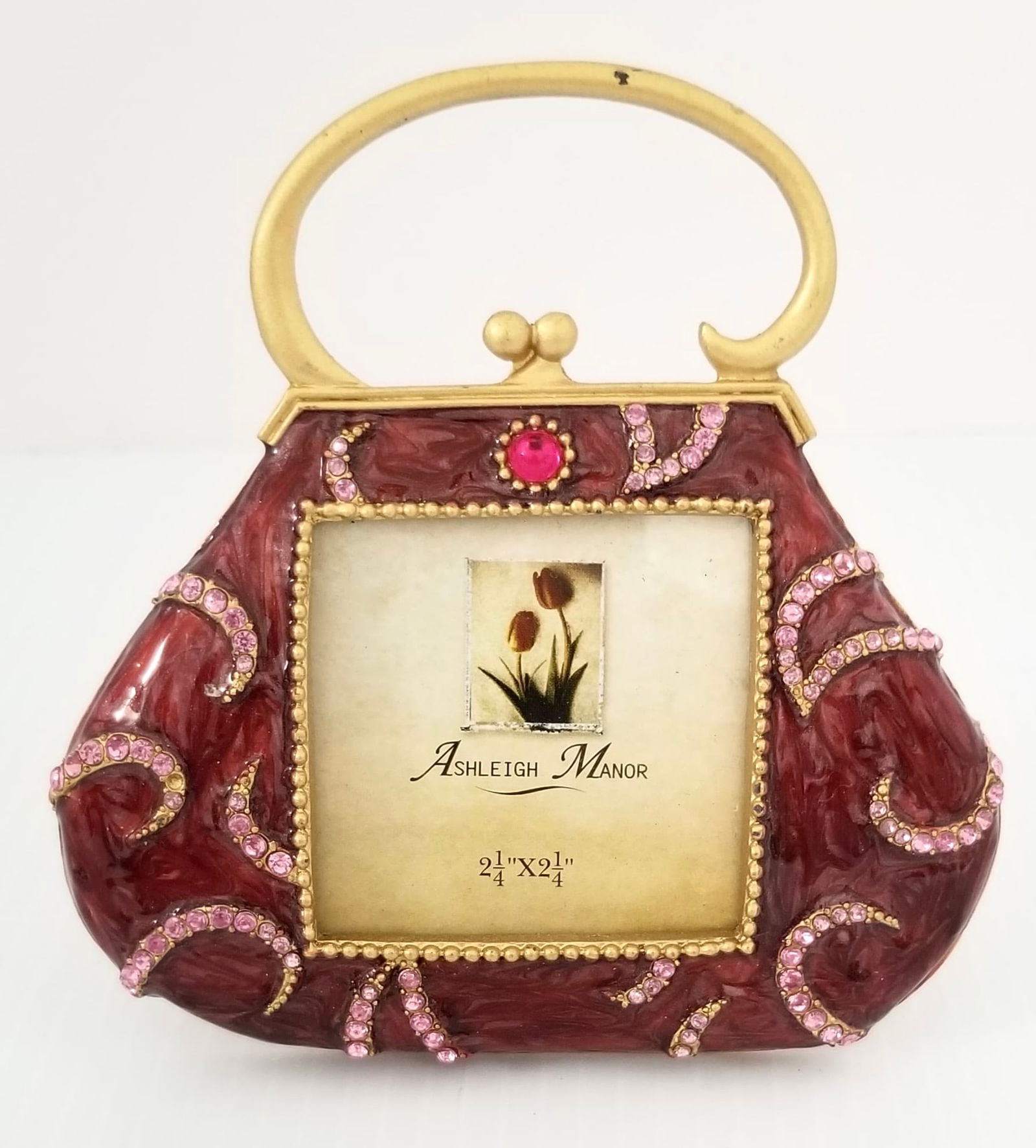 Amazing Rhinestones Enamel Wallet Picture Frame: Beautiful rhinestones enamel wallet picture frame, 2 x 2 inches photo, total size 5 x 4 1/2 inches.