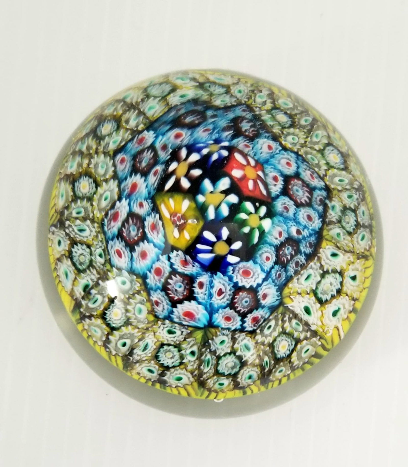 Amazing Millefiori Flowers Art Glass Paperweight: Beautiful millefiori flowers art glass paperweight, 3 inches round x 2 inches.