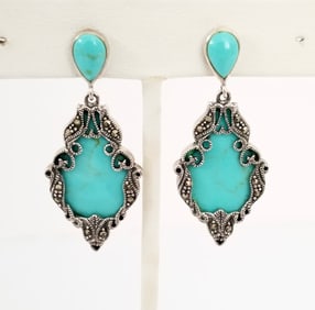 Amazing 925 Sterling Silver green Turquoise Marcasite Earrings