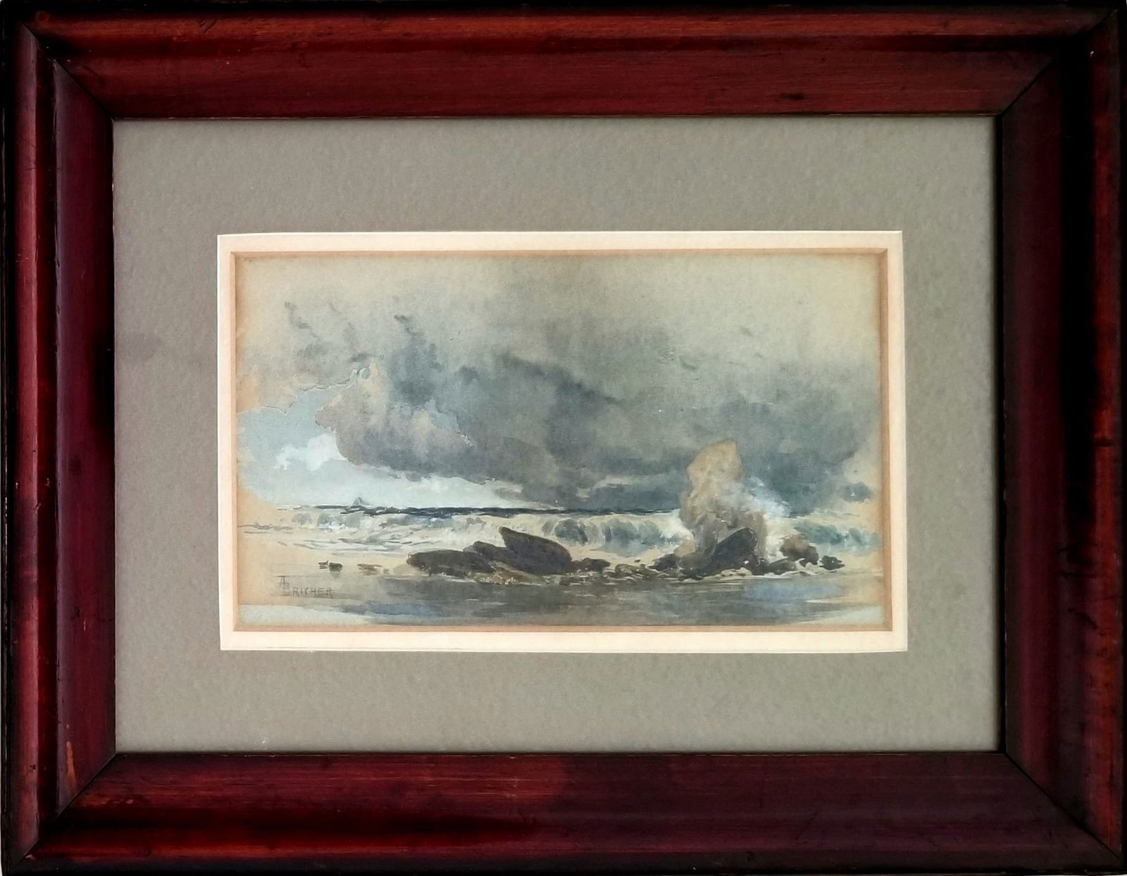 Amazing Alfred Thompson Bricher Watercolor Paper: Beautiful Alfred Thompson Bricher watercolor paper. Frame: 19 x 14.5 inches, art: 12 x 8 inches. Provenance: private owner. Biography: 1837 - 1908. Alfred Thompson Bricher is best known for Luminist v