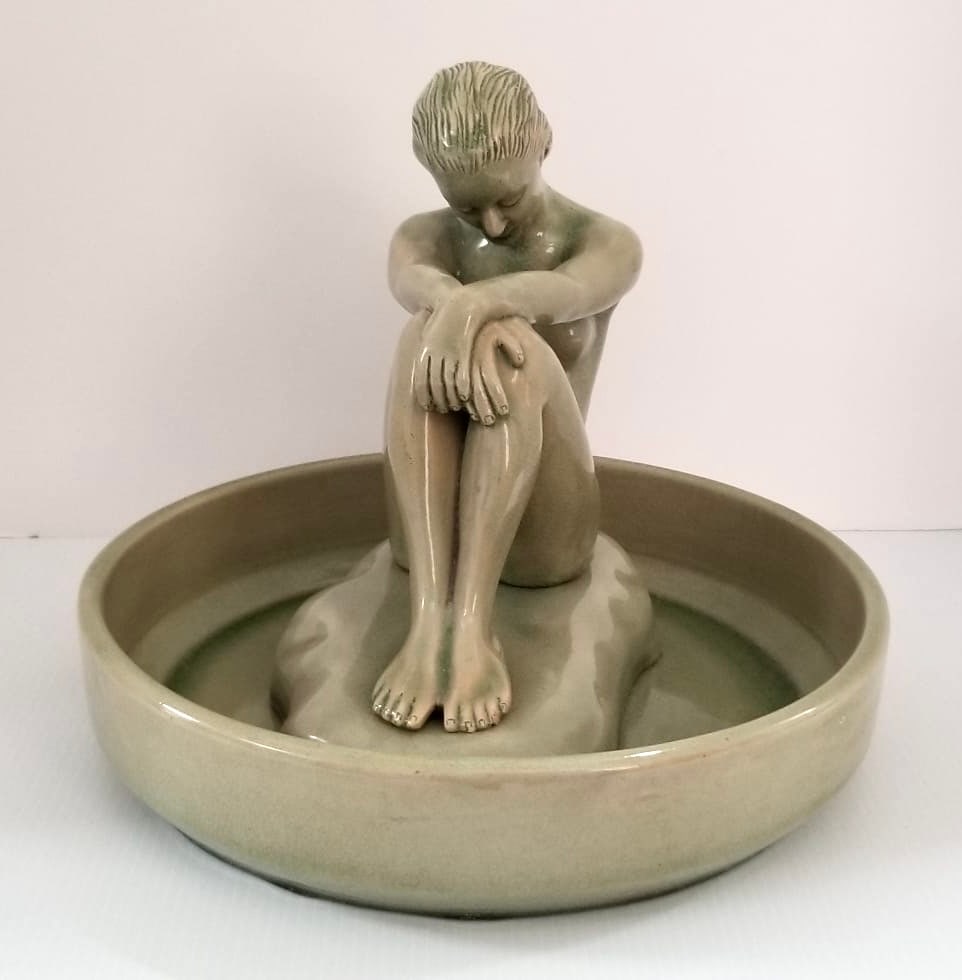 Amazing Vtg Celadon Chinese Porcelain Figurine: Beautiful vintage celadon Chinese crackle porcelain figurine, signed, 3 pieces, marked and signed, 13 inches round diameter x 11 inches high