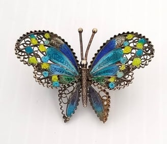 Amazing 800 Silver Enamel Filigree Butterfly Pin Brooch