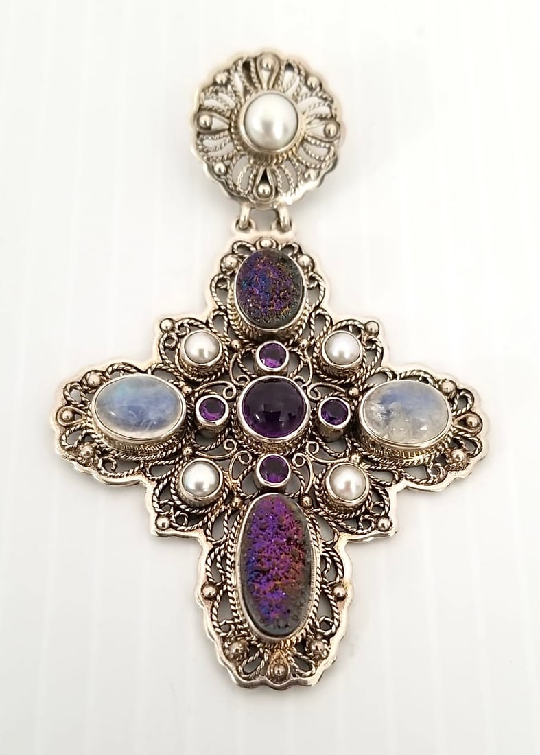 Amazing NB 925 Sterling Multigem Filigree Cross Pendant (1 of 6)