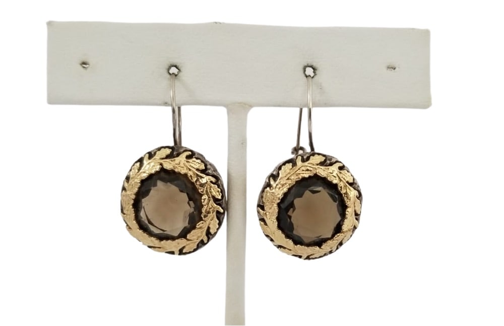 Amazing 925 & 14KT Smoked Quartz Earrings: Beautiful 925 sterling silver & 14kt solid yellow gold, 20 cut ct smoked quartz earrings, 11.5 grams