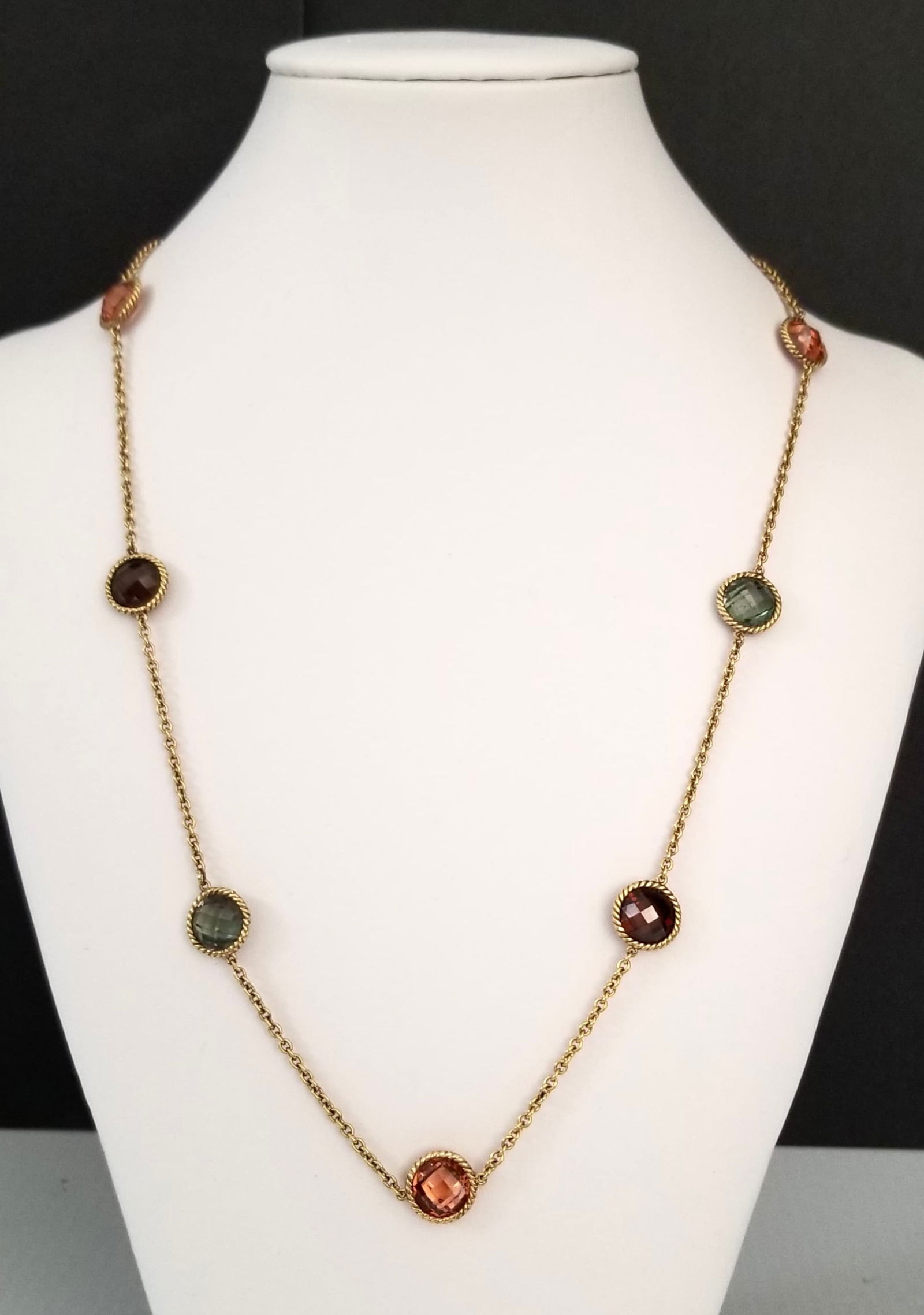 Amazing 925 Gold Tone Cabochon Cut ZC Necklace: Beautiful 925 sterling gold tone cabochon cut Zirconia necklace, 24 inches long x 1/2 inch pendant, chain 3 mm, 22.7 grams.