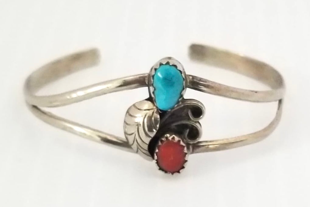 Amazing Navajo Sterling Silver Turquoise Red Coral Child Bracelet: Beautiful Navajo turquoise, red coral, sterling silver, child bracelet, 2 x 1 5/8 inches, 4.5 grams.