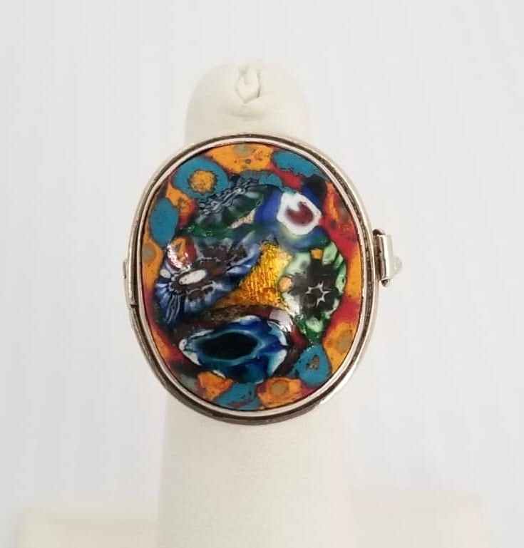Amazing 925 Sterling Silver Millefiori Pill Box Ring: Unusual millefiori signed 925 sterling silver pill box ring, Mexico, one size, 15.8 grams.