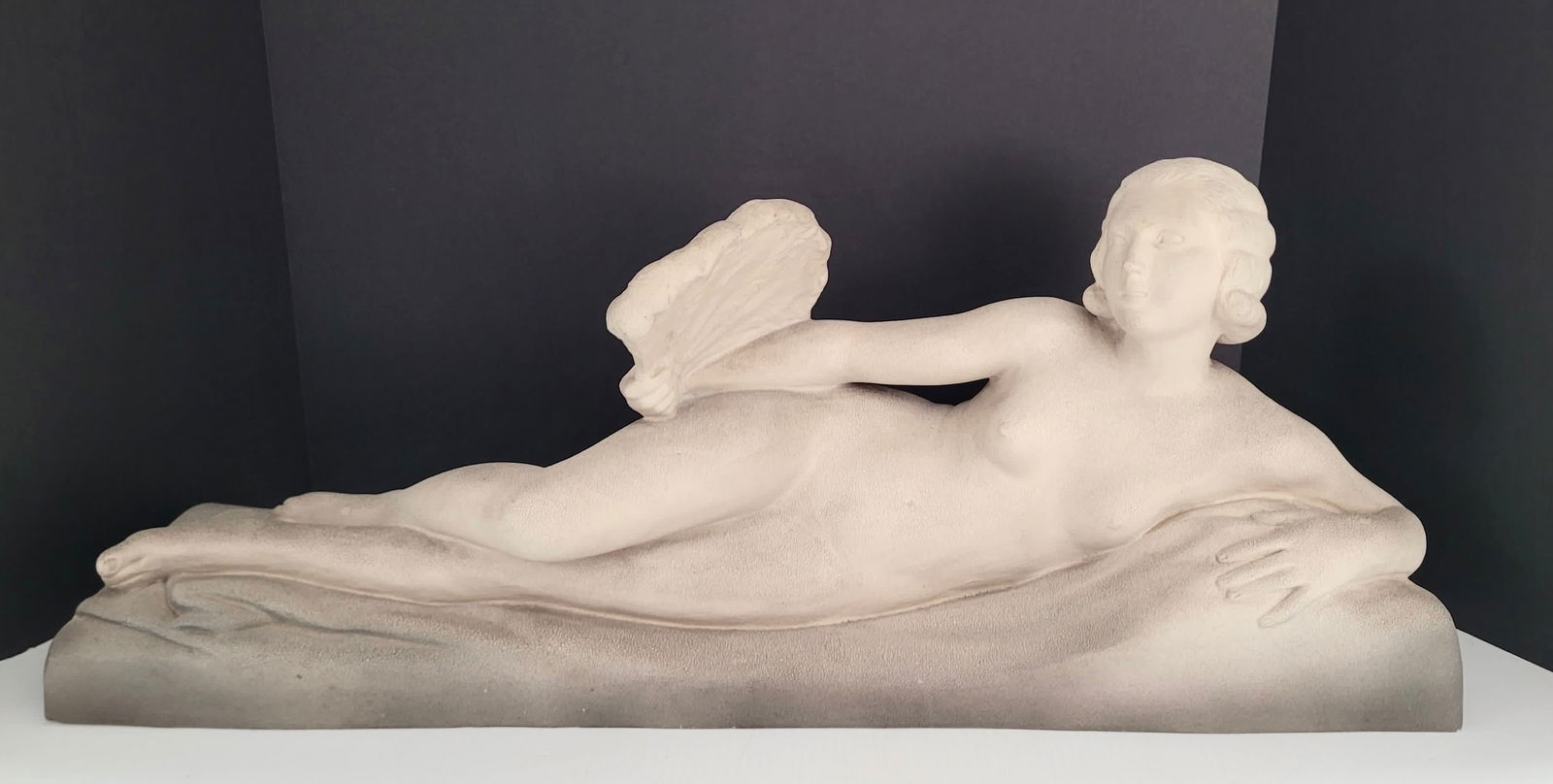 Amazing Sevres Vinsare France Nude Lady Ceramic Sculpture: Beautiful Sevres Vinsare France nude lady with hand fan, ceramic sculpture, grayish and sand colored glaze, marked, 27 x 11 x 6.5 inches.