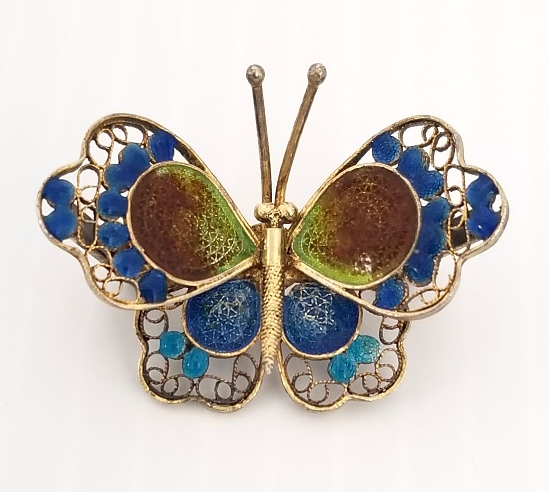 Amazing 800 Sterling Enamel Filigree Butterfly Pin Brooch (1 of 3)