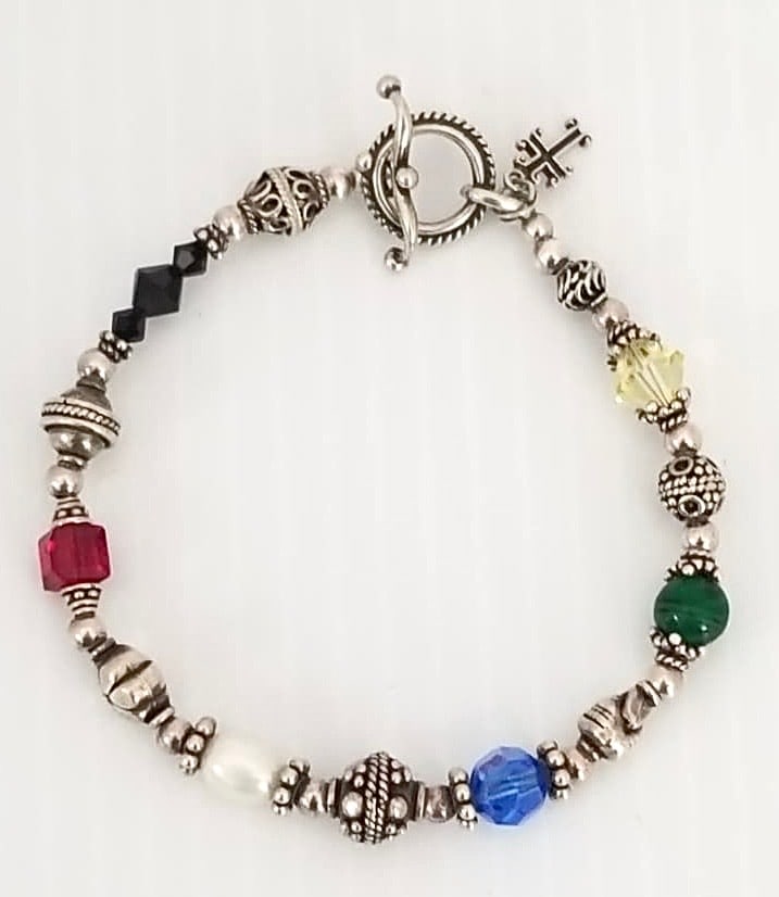 Amazing Sterling Multistone & Cross Pendant Bracelet: Beautiful sterling silver toggle style, multistone, cross pendant and pearl bracelet, 8 inches x 10 mm, 17.1 grams.