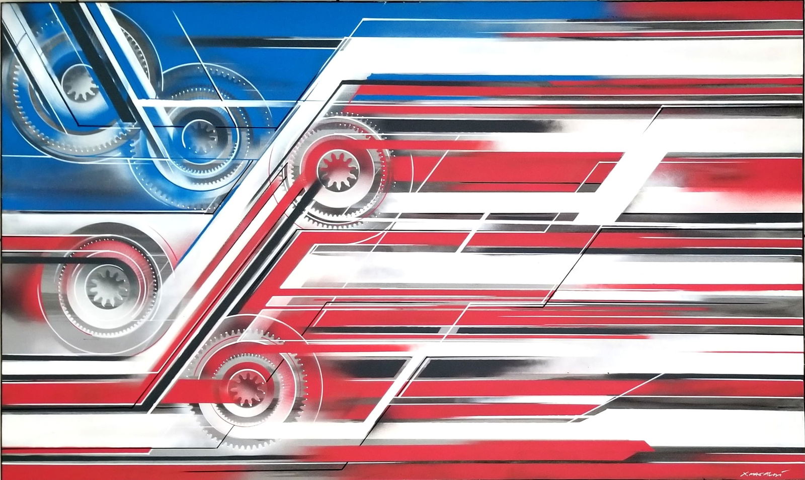 Amazing Xavier Magaldi U S Flag Acrylic & Spray Canvas: Beautiful Xavier Magaldi "U S Flag" acrylic and spray on canvas 2014, 47 x 39 inches. Switzerland, exhibition US Europe. Provenance: private owner. Biography: Originally from Geneva, Xavier Magaldi