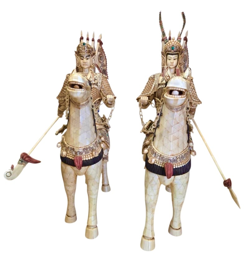 Amazing Antique Large Carved Bone Female & Male Warriors: Beautiful large antique carved bone female and male warriors on horses, polychrome with original stone. Some ornament pieces are missing due to years created. Woman: 43 inches high, 38 inches long,