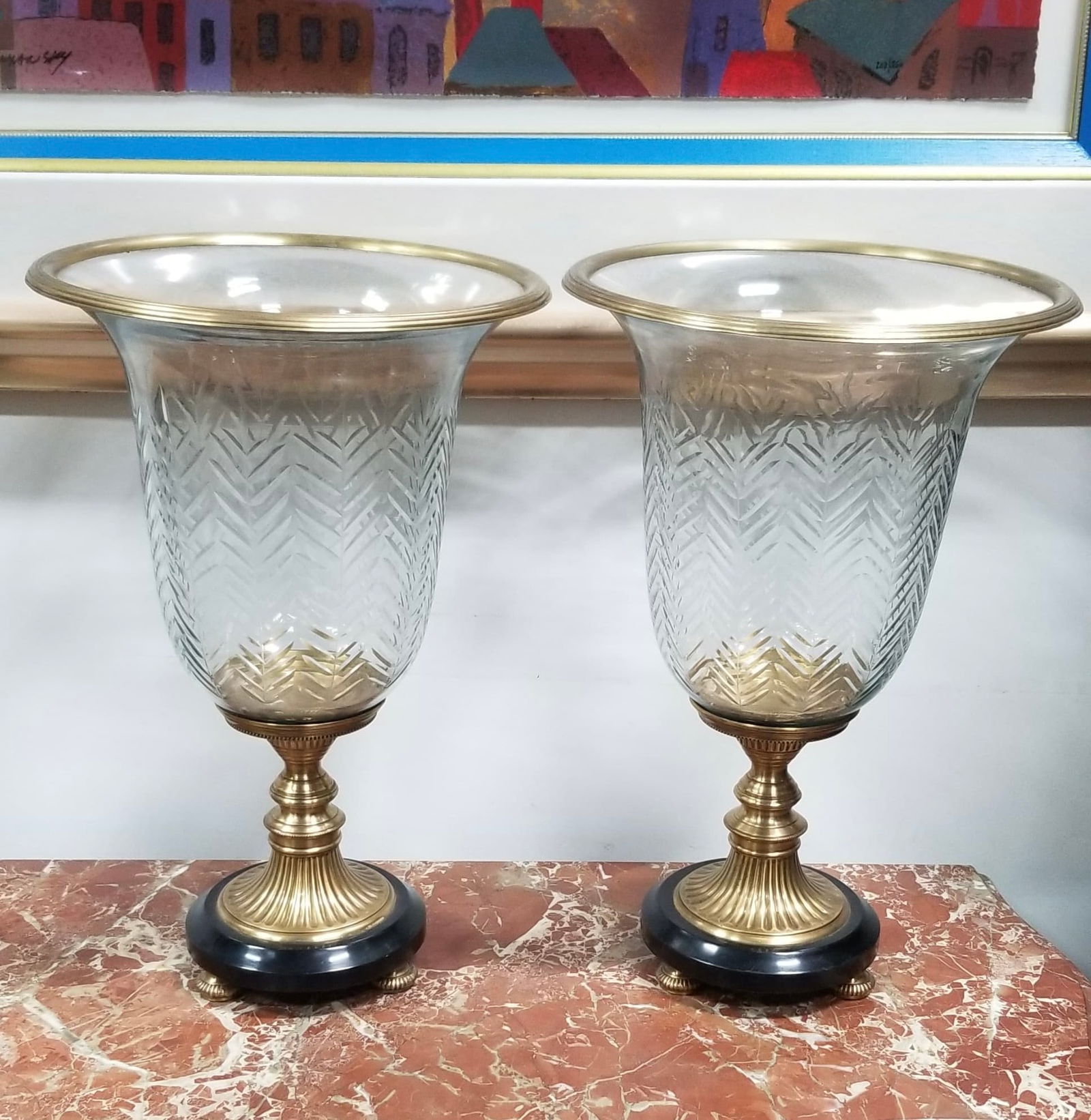 Amazing Maitland-Smith Brass & Marble Art Glass Vase Pair (1 of 4)