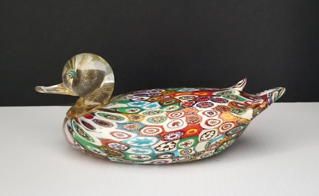 Amazing Millefiori Murano Italy Duck Art Glass: Beautiful millefiori and gold inside murano Italy duck art glass, 8 x 3 1/2 x 3 inches.
