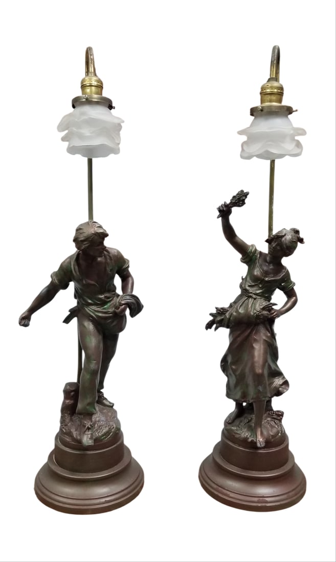 Amazing France Moreau Spelter Sculpture Lamp Pair: Beautiful France Moreau Spelter sculpture lamp pair. 30 x 9 x 9 inches.