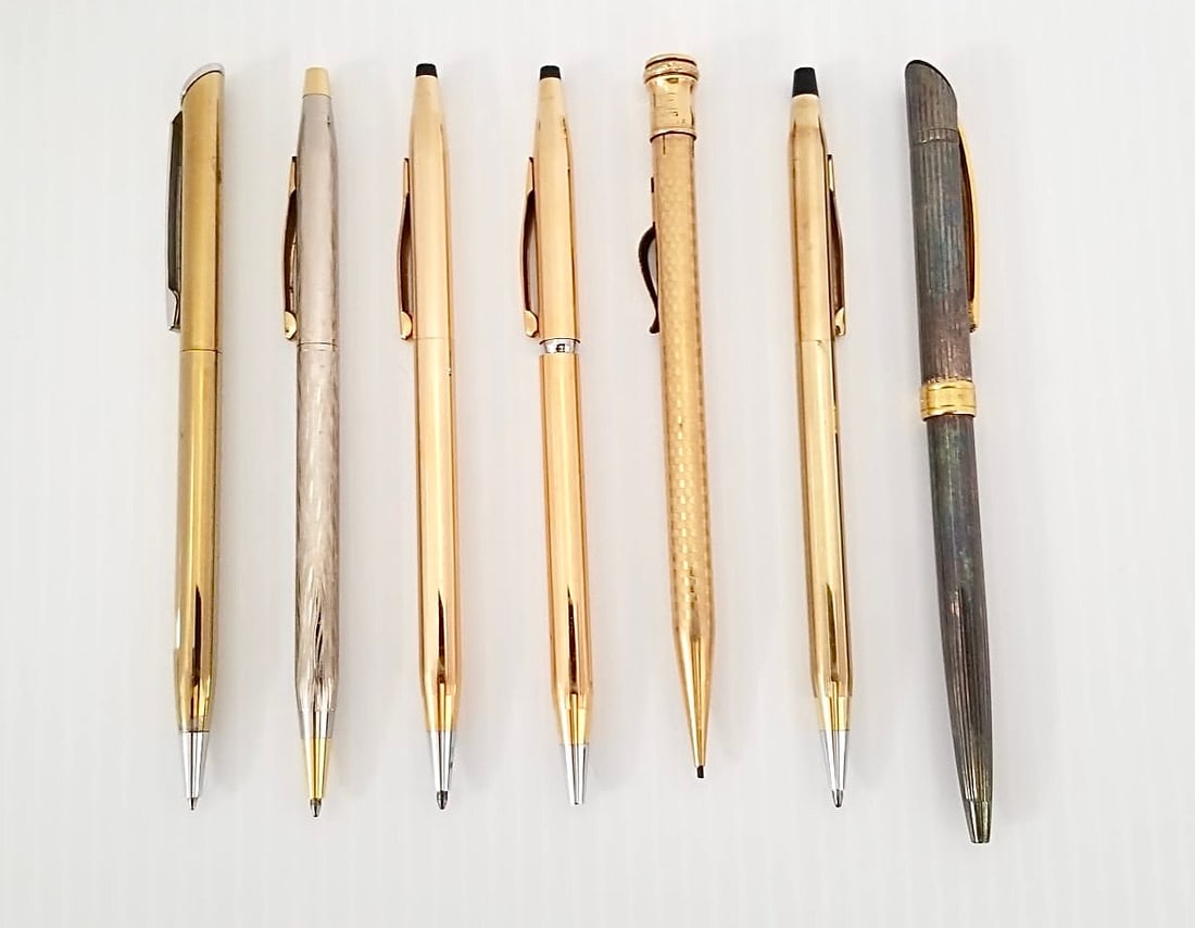 Amazing Golding, Shur-Rite, Quill, Cross 7 Pen Lot: Nice 4 Cross ball point 1/20 14kt, 1/20 14 kt, 1/20 10kt, silver golding, ball point Quill golden and stainless steel ball point, mechanical pencil Shur-Rite gold filled USA, 5 to 5.5 inches, some nee