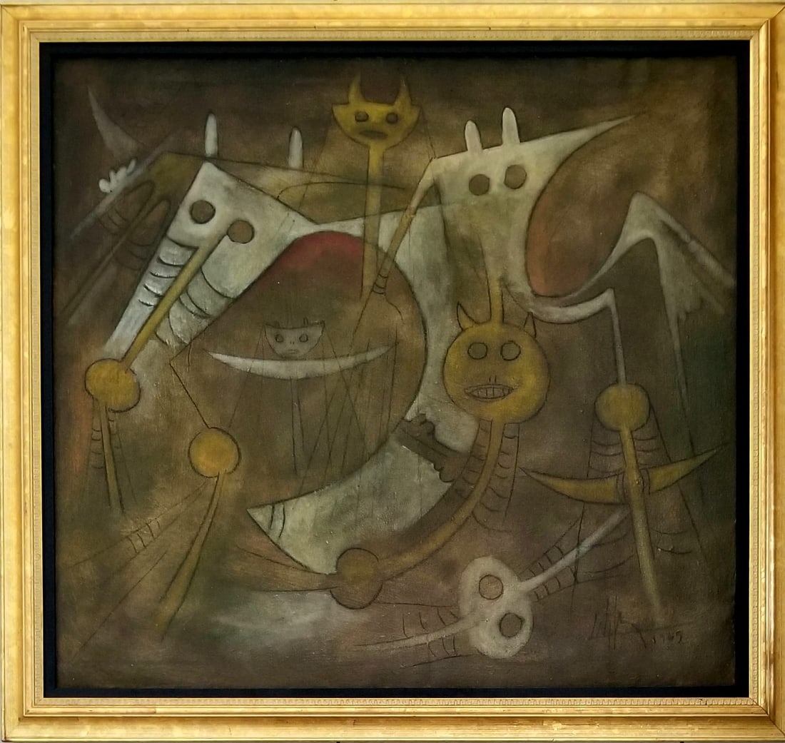 Amazing Wilfredo Lam Oil Canvas: Attributed to Wilfredo Lam, it does not have a COA. Medium: oil canvas. It has provenance, there is a possible old restoration. Frame: 45 x 42 inches, art: 39 x 36 inches. Provenance: private owner fr
