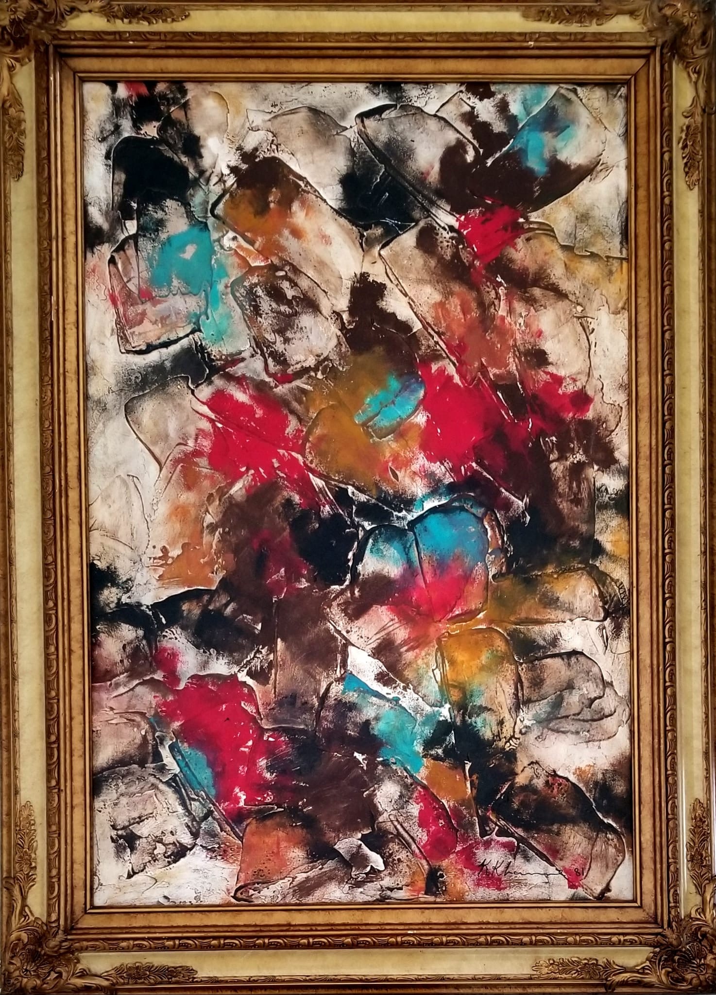 Amazing Krishen Khanna 1981 Oil Canvas: Attributed to Krishen Khanna, it does not have a COA. Medium: oil canvas. Frame: 44 x 32 inches, art: 36 x 24 inches. Provenance: private owner. Biography: Born 1925. Born in 1925 in what is now Faisl