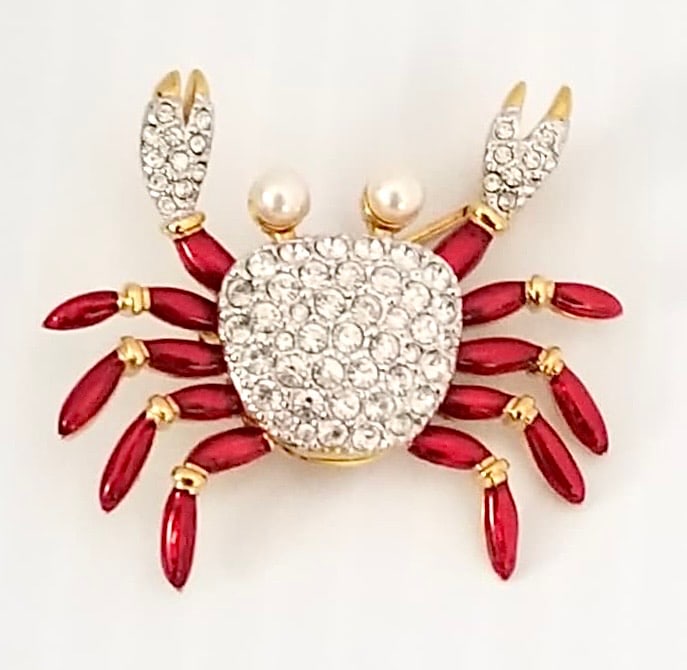 Amazing Swarovski Enamel Crab Pin Brooch: Beautiful Swarovski enamel red and golden rhinestones crab pin brooch, Austria, 1 5/8 x 1 3/8 inches.