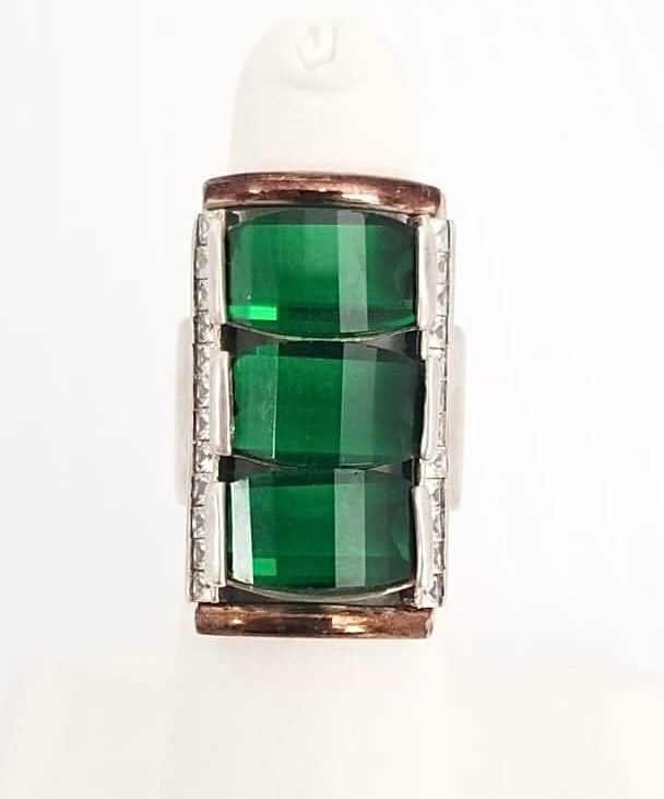 Amazing Sterling Silver 18KT Gold Green Cut Ring: Beautiful sterling silver 18kt gold green clear cut ring, 13.4 grams, size 6.