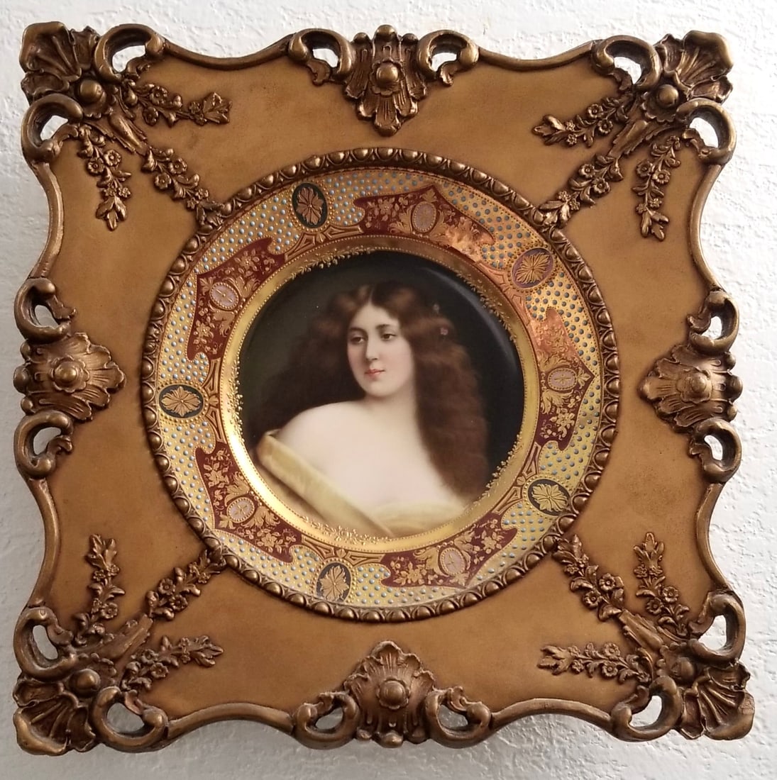 Amazing Vienna Signed Wagner Porcelain Plates Pair With Frame: Beautiful hand painted portrait plate signed Wagner, jewel luster border, Royal Vienna, plates 9 1/2 inches round diameter each, 1800 original antique frame, 14 1/2 x 14 1/2 inches, no chips, no crack