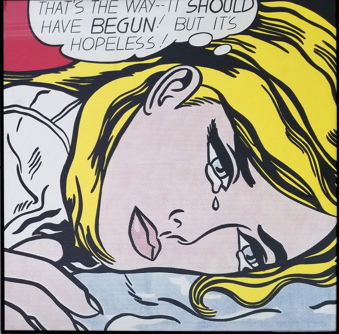 Amazing Vtg Roy Lichtenstein Lithograph: Beautiful vintage Roy Lichtenstein lithograph. It has a folding mark. Frame: 36 x 36 inches. Provenance: private owner. Biography: 1923 - 1997. From his studio in New York City, Roy Lichtenstein did