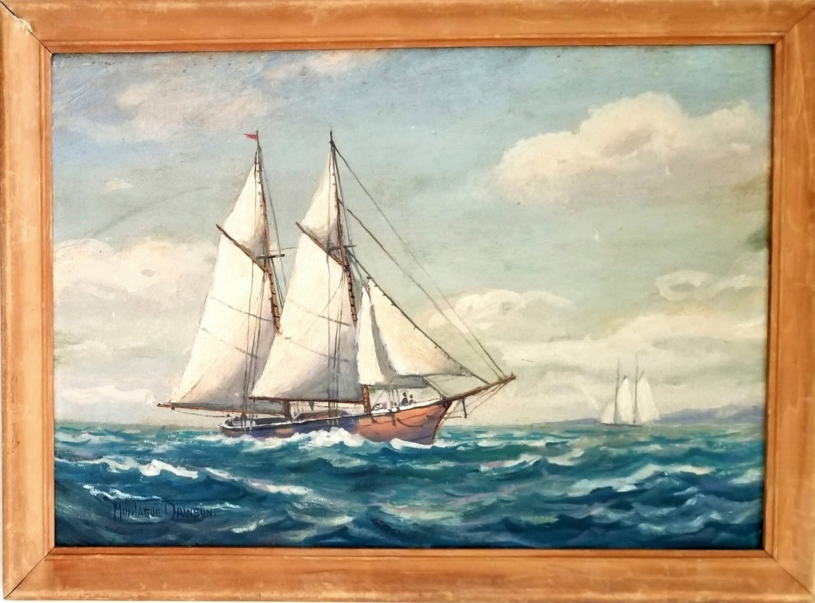 Amazing Montague J Dawson Oil Canvas: Attributed to Montague J Dawson, it does not have a COA. Medium: oil canvas. Frame: 16 x 12 inches, art: 14 x 10 inches. Provenance: private owner. Biography: 1890 - 1973. Montague Dawson is widely co