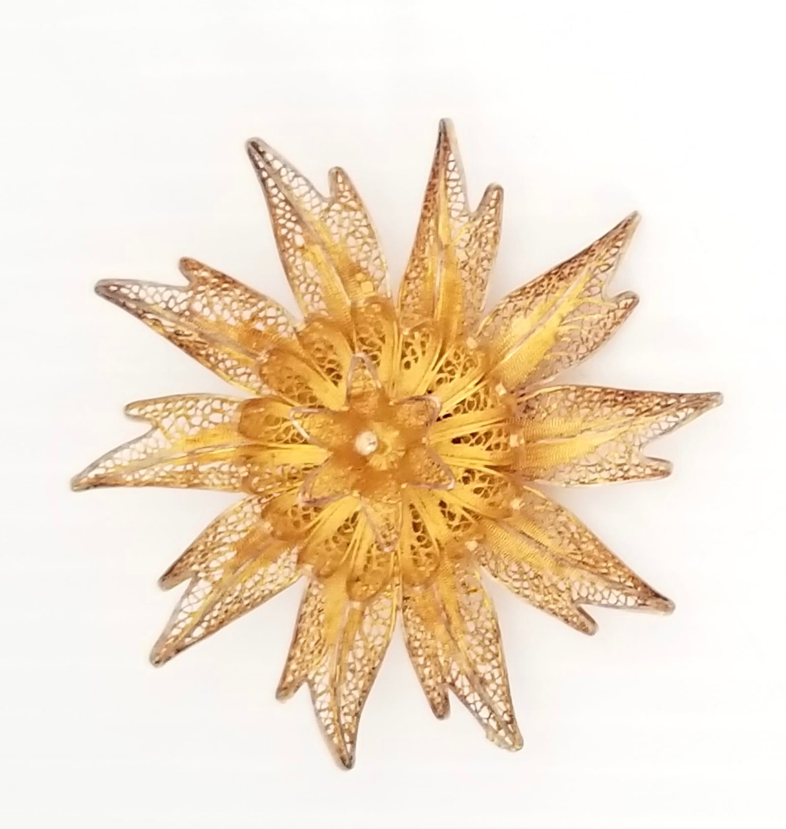 Amazing Sterling Gold Plated Filigree Flower Pin Brooch: Beautiful sterling gold plated filigree flower pin brooch, 2 1/2 inches round, 15.3 grams, little loss of color for years created.