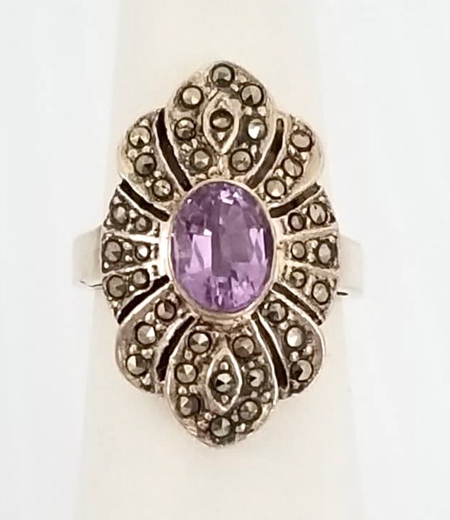Amazing 925 Sterling Amethyst Marcasite Ring (1 of 5)