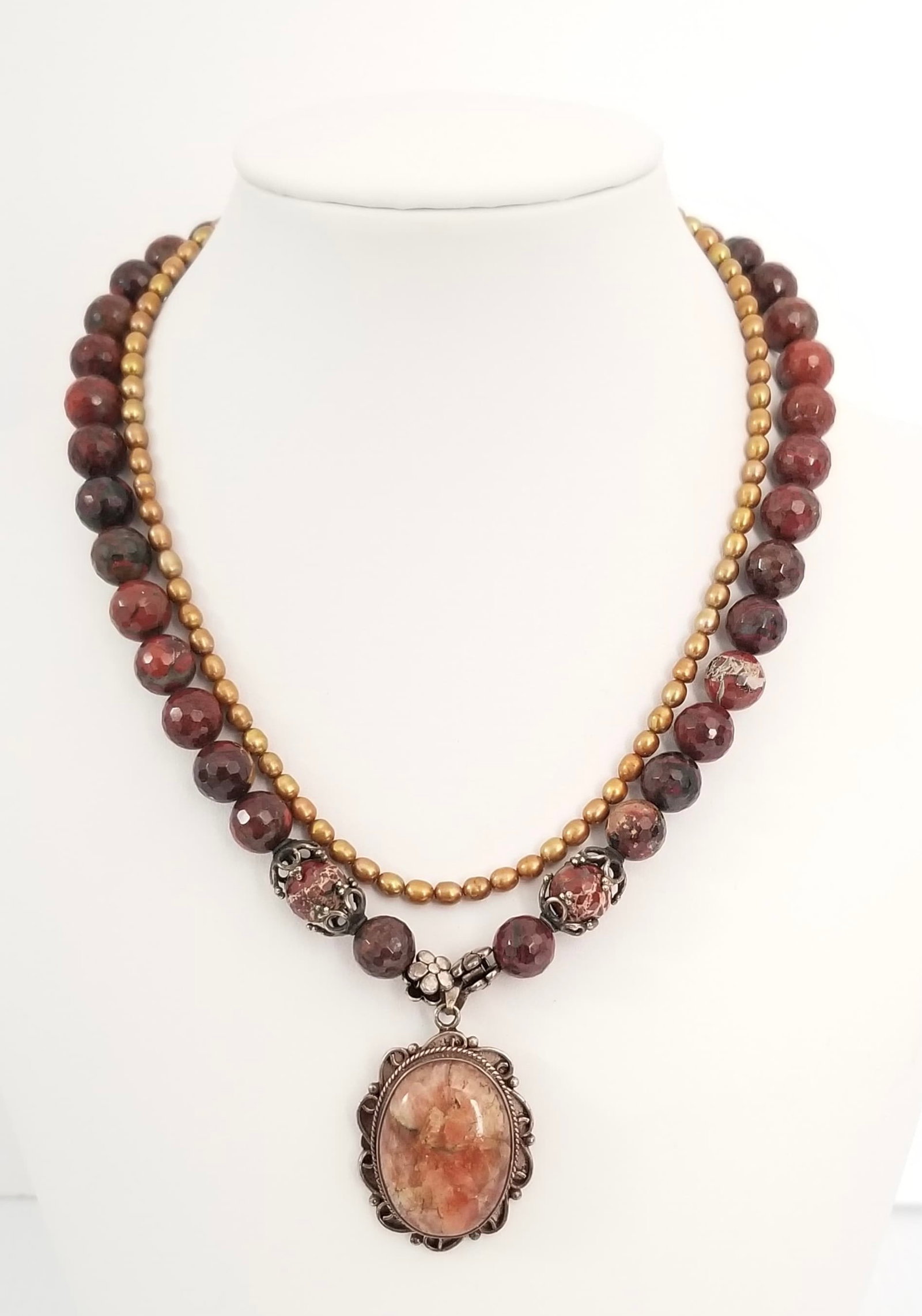 Amazing Silver Appaloosa Wild Horse Jasper Necklace: Beautiful silver Appaloosa Wild Horse Jasper necklace, hand cut beads 3/8 inches, necklace 15 inches long, 925 sterling silver pendant 1 7/8 x 1 1/8 inches.