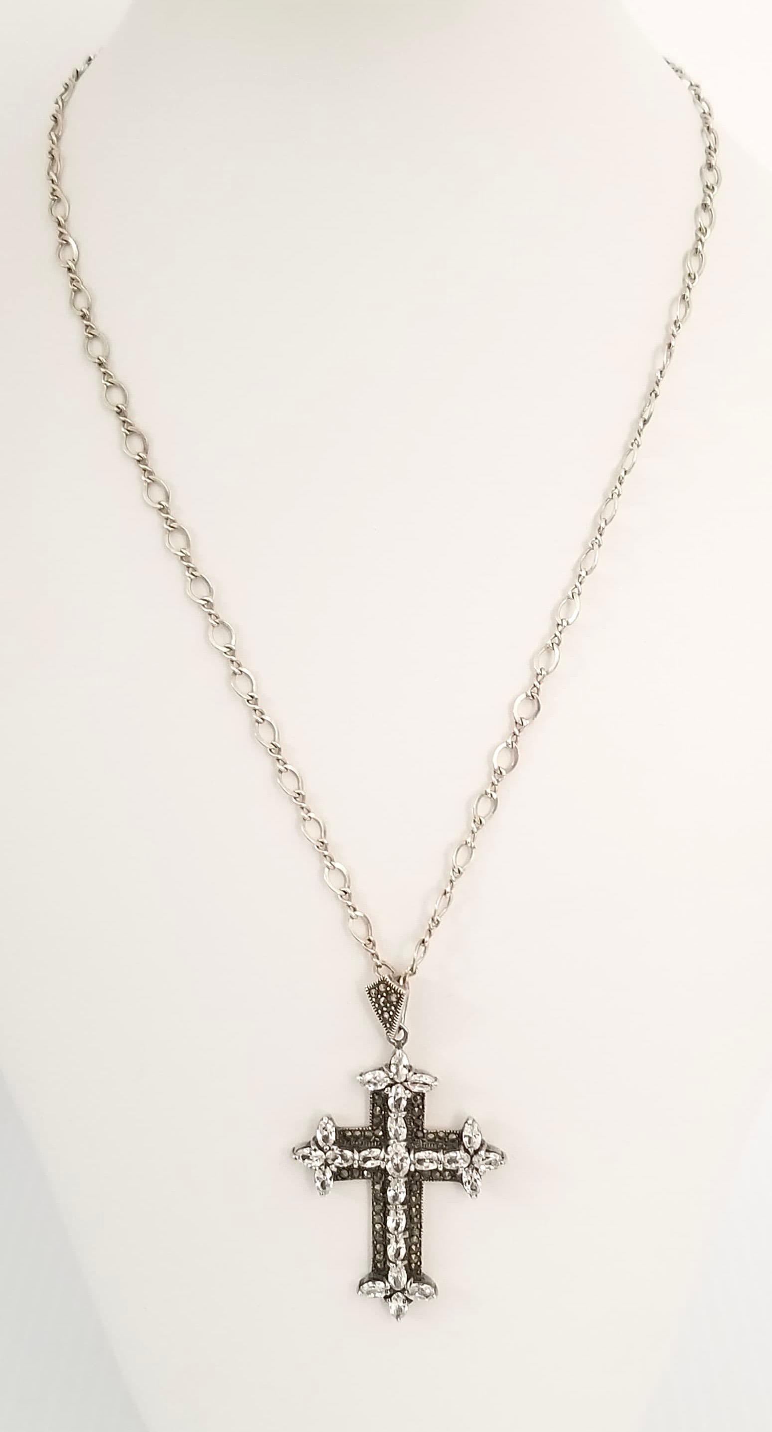 Amazing 925 Sterling Silver ZC Marcasite Cross Pendant Necklace: Beautiful 925 sterling silver Zirconia, Marcasite cross pendant necklace, pendant 2 3/8 x 1 3/8 inches, 19 inches long, 20 grams.