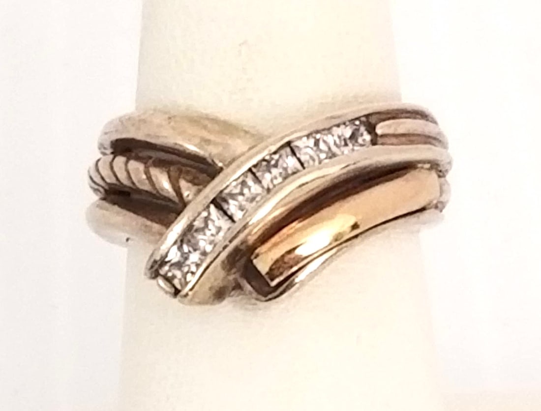 Amazing 925 Sterling 18KT Gold Clear Stone Ring: Beautiful 925 sterling silver and 18kt gold clear stone ring, 8.2 grams, size 7.