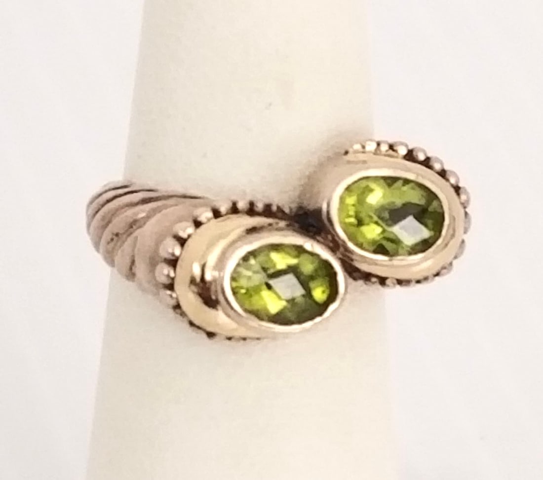Amazing BJC 925 Sterling 18KT Gold Peridot Ring: Beautiful BJC 925 sterling silver and 18KT yellow gold, 2ct peridot ring, 6.5 grams, size 6.