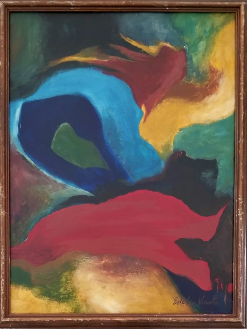 Amazing Esteban Vicente 1976 Acrylic Canvas Board: Beautiful Esteban Vicente 1976 acrylic canvas board, untitled. Frame: 26.5 x 20.5 inches, art: 24 x 18 inches. Provenance: private owner. Biography: 1903 - 2001. A member of the first generation of Ab